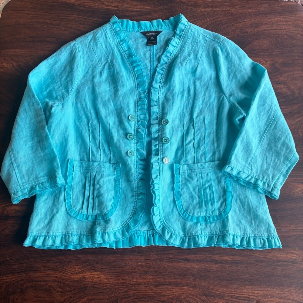 Open Coastal Grandma Open Front Linen Jacket PLg Turquoise Cottagecore BohoChic - Picture 2 of 11
